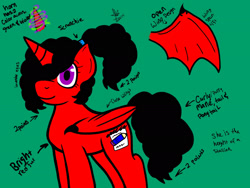 Size: 2048x1536 | Tagged: safe, artist:artmama113, derpibooru import, oc, oc:yaoilover, alicorn, bat pony, bat pony alicorn, pony, bat pony oc, bat wings, female, glowing horn, green background, hair over one eye, horn, mare, ponytail, reference sheet, signature, simple background, smiling, solo, wings