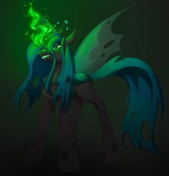 Size: 1080x1128 | Tagged: safe, alternate version, artist:moona_lou, derpibooru import, queen chrysalis, changeling, changeling queen, colored, female, glowing horn, gradient background, horn, smiling, solo