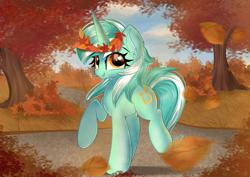 Size: 4092x2893 | Tagged: safe, artist:janelearts, derpibooru import, lyra heartstrings, pony, unicorn, autumn, female, leaves, leaves in hair, looking at you, mare, raised hoof, raised leg, scenery, smiling, smiling at you, solo, tree