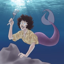 Size: 600x600 | Tagged: safe, artist:smol_andriusha, derpibooru import, cheese sandwich, mermaid, barely pony related, clothes, glasses, male, mermaidized, solo, spatula, species swap, underwater, weird al yankovic
