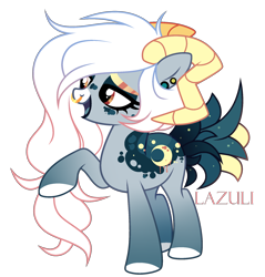 Size: 1992x2082 | Tagged: safe, artist:lazuli, derpibooru import, oc, oc only, pony, colored hooves, commission, horns, nose piercing, nose ring, open mouth, piercing, raised hoof, signature, simple background, solo, transparent background, ych result