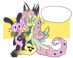 Size: 604x483 | Tagged: safe, artist:lowname, derpibooru import, fluttershy, queen chrysalis, changeling, changeling queen, rabbit, abstract background, animal, female, fusion, sitting, speech bubble