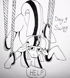 Size: 1855x2048 | Tagged: safe, artist:lowname, derpibooru import, twilight sparkle, unicorn twilight, pony, unicorn, bondage, female, floppy ears, inktober, inktober 2019, jewelry, mare, monochrome, ring, rope, solo, stuck, suspended, talking, traditional art