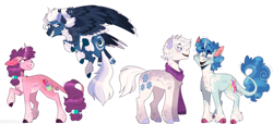 Size: 2994x1368 | Tagged: safe, artist:wanderingpegasus, derpibooru import, double diamond, night glider, party favor, sugar belle, classical unicorn, earth pony, pegasus, pony, unicorn, alternate hairstyle, blushing, chest fluff, cloven hooves, coat markings, ear fluff, equal four, female, flying, freckles, grin, leg fluff, leonine tail, looking at each other, male, mare, raised hoof, raised leg, redesign, simple background, smiling, stallion, unshorn fetlocks, white background
