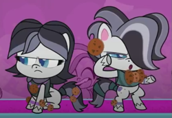 Size: 625x430 | Tagged: safe, derpibooru import, screencap, derek (pony life), matt #1, earth pony, death of a sales-pony, my little pony: pony life, spoiler:pony life s01e08, bipedal, cookie, female, food, male, mare, stallion