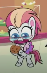 Size: 205x318 | Tagged: safe, derpibooru import, screencap, earth pony, death of a sales-pony, my little pony: pony life, spoiler:pony life s01e08, bipedal, cookie, darling dish, female, food, mare, smiling