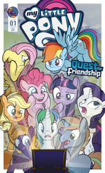 Size: 1920x3168 | Tagged: safe, artist:alexdti, derpibooru import, applejack, fluttershy, pinkie pie, rainbow dash, rarity, twilight sparkle, oc, oc:ale, oc:marco, oc:umberto, alicorn, earth pony, pegasus, pony, unicorn, comic:quest for friendship, comic, cover, cover art, mane six, marshmelodrama, rarity being rarity, scared, style emulation, treasure chest