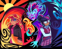 Size: 1750x1400 | Tagged: safe, artist:poppyr0ckz, derpibooru import, midnight sparkle, sci-twi, sunset satan, sunset shimmer, twilight sparkle, demon, human, equestria girls, clothes, crystal prep academy uniform, duality, duo, evil grin, female, females only, grin, human skintone, humanized, school uniform, smiling