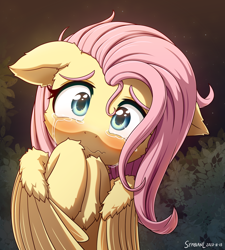 Size: 1800x2000 | Tagged: safe, artist:symbianl, derpibooru import, fluttershy, pegasus, pony, :c, blushing, bust, cheek fluff, crying, cute, ear fluff, female, floppy ears, fluffy, frown, full face view, hoof fluff, hooves to the chest, leg fluff, looking at you, mare, sad, sadorable, scared, shyabetes, solo, stray strand, teary eyes, wavy mouth, wing fluff, wings