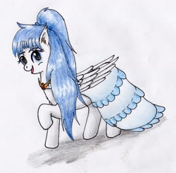 Size: 2048x2009 | Tagged: safe, artist:40kponyguy, derpibooru exclusive, derpibooru import, oc, oc:clarise, pegasus, clothes, cute, dress, ear fluff, gala dress, looking at you, ponytail, simple background, skirt, solo, traditional art