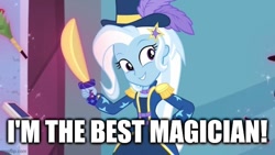 Size: 640x360 | Tagged: safe, derpibooru import, edit, edited screencap, screencap, trixie, better together, equestria girls, street magic with trixie, caption, female, image macro, smiling, solo, text