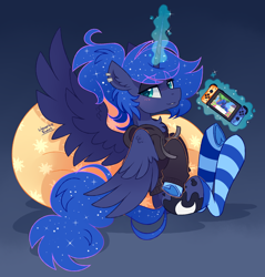 Size: 2200x2300 | Tagged: safe, alternate version, artist:liquorice_sweet, derpibooru import, princess luna, alicorn, pony, animal crossing, animal crossing: new horizons, bean bag chair, clothes, cute, female, gamer, gamer luna, gaming, high res, hoodie, mare, nintendo switch, ponytail, princess, simple background, socks, solo, striped socks