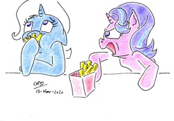 Size: 1024x710 | Tagged: safe, artist:gafelpoez, derpibooru import, starlight glimmer, trixie, pony, eating, food, french fries