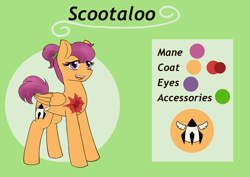 Size: 1280x905 | Tagged: safe, artist:larasilvestris, derpibooru import, scootaloo, pegasus, alternate cutie mark, alternate design, alternate universe, arima verse, commission, female, looking at you, mare, ponytail, reference sheet, scar, solo