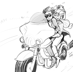 Size: 1000x980 | Tagged: safe, artist:immediocregoodbye, derpibooru import, applejack, rainbow dash, human, appledash, ask human appletrash, female, glasses, grayscale, humanized, lesbian, monochrome, motorcycle, shipping