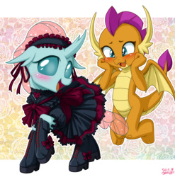 Size: 1200x1217 | Tagged: safe, artist:uotapo, derpibooru import, ocellus, smolder, changedling, changeling, dragon, blushing, clothes, cute, diaocelles, dragoness, dress, eyes on the prize, female, floppy ears, gothic lolita, hoof boots, lesbian, open mouth, raised hoof, shipping, smolcellus, sweat, sweatdrop, uotapo is trying to murder us