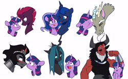 Size: 7110x4385 | Tagged: safe, artist:chub-wub, derpibooru import, discord, king sombra, lord tirek, princess luna, queen chrysalis, tempest shadow, twilight sparkle, twilight sparkle (alicorn), alicorn, centaur, changeling, changeling queen, draconequus, pony, unicorn, :p, admiration, blushing, boop, broken horn, discolight, eye contact, eyes closed, female, grin, horn, kissing, lesbian, looking at each other, male, mare, muscles, nose piercing, nose ring, noseboop, one eye closed, open mouth, open smile, piercing, raised hoof, shipping, simple background, smiling, stallion, straight, tempestlight, tongue out, twibra, twiluna, twirek, twisalis, white background, wink