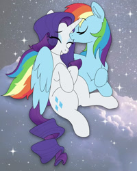 Size: 900x1125 | Tagged: artist needed, source needed, safe, derpibooru import, rainbow dash, rarity, pegasus, pony, unicorn, female, hug, kiss on the head, lesbian, mare, raridash, shipping, winghug