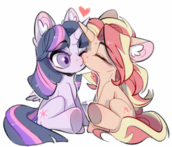 Size: 3500x3000 | Tagged: safe, artist:amo, derpibooru import, sunset shimmer, twilight sparkle, twilight sparkle (alicorn), alicorn, pony, unicorn, cute, ear fluff, eyes closed, female, high res, kissing, lesbian, mare, shimmerbetes, shipping, simple background, sitting, sunsetsparkle, twiabetes, white background