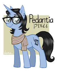 Size: 762x950 | Tagged: safe, artist:pedantia, derpibooru import, oc, oc only, oc:pedantia pixel, unicorn, abstract background, clothes, glasses, scarf, solo