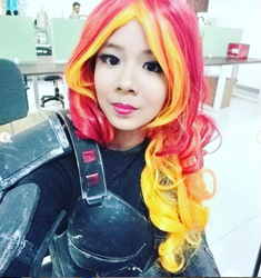 Size: 561x597 | Tagged: safe, artist:baeconpotater, derpibooru import, sunset shimmer, human, equestria girls, clothes, cosplay, costume, disney, humanized, irl, irl human, photo, sergeant calhoun, wreck-it ralph