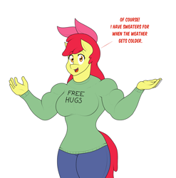 Size: 1570x1588 | Tagged: safe, artist:matchstickman, derpibooru import, apple bloom, anthro, earth pony, apple bloom's bow, apple bloomed, apple brawn, bow, breasts, clothes, comic, dialogue, female, free hugs, hair bow, jeans, long sleeves, looking at you, mare, matchstickman's apple brawn series, muscles, muscular female, older, older apple bloom, pants, simple background, solo, speech bubble, sweater, talking to viewer, tumblr comic, tumblr:where the apple blossoms, white background