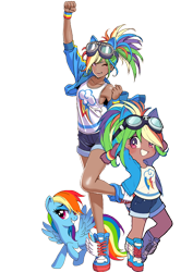 Size: 530x750 | Tagged: safe, artist:miyata__0529, artist:shunya yamashita, derpibooru import, edit, editor:michaelsety, rainbow dash, human, pegasus, pony, armpits, breasts, chibi, clothes, delicious flat chest, human ponidox, humanized, jacket, kotobukiya, kotobukiya rainbow dash, looking at you, one eye closed, rainbow flat, self ponidox, simple background, transparent background, triality, wink, winking at you