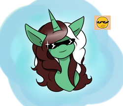 Size: 774x668 | Tagged: safe, artist:kaggy009, derpibooru import, oc, oc:peppermint pattie (unicorn), pony, ask peppermint pattie, emoji, solo, sunglasses