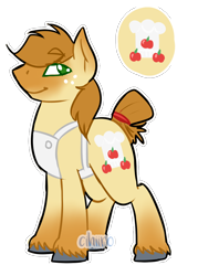 Size: 740x1031 | Tagged: safe, artist:cihiiro, derpibooru import, oc, oc:baked apple, earth pony, pony, apron, clothes, freckles, gradient hooves, male, offspring, parent:applejack, parent:donut joe, parents:donutjack, simple background, solo, stallion, transparent background, watermark