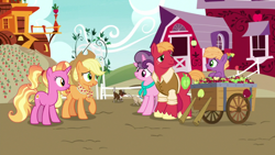 Size: 1920x1080 | Tagged: safe, derpibooru import, screencap, applejack, big macintosh, little mac, luster dawn, sugar belle, earth pony, pony, the last problem, apple, cart, female, food, husband and wife, male, older, older applejack, older big macintosh, older sugar belle