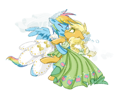 Size: 708x588 | Tagged: safe, artist:pinkablue, derpibooru import, applejack, rainbow dash, earth pony, pegasus, pony, appledash, boop, clothes, dress, female, hug, lesbian, mare, noseboop, shipping, simple background, white background