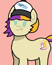 Size: 4000x5000 | Tagged: safe, artist:switcharoo, derpibooru import, oc, oc only, oc:switcharoo, earth pony, pony, baseball cap, cap, ear fluff, earth pony oc, female, happy, hat, logo, looking at you, mare, nintendo switch, pingu, pink background, simple background, solo