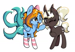 Size: 1858x1276 | Tagged: safe, artist:kindakismet, derpibooru import, oc, oc only, pony, unicorn, augmented tail, boop, clothes, commission, duo, ear piercing, female, mare, one eye closed, open mouth, piercing, simple background, smiling, socks, striped socks, tentacle tail, tentacles, white background, wink