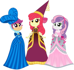 Size: 1280x1218 | Tagged: safe, artist:limedazzle, derpibooru import, apple bloom, scootaloo, sweetie belle, equestria girls, for whom the sweetie belle toils, adorabloom, clothes, costume, cute, cutealoo, cutie mark crusaders, diasweetes, dress, hat, hennin, jewelry, necklace, simple background, transparent background, vector