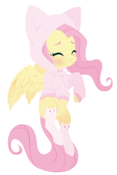 Size: 2678x4000 | Tagged: safe, artist:belka-sempai, derpibooru import, fluttershy, pegasus, pony, blushing, cat ears, cat hoodie, clothes, cute, eyes closed, female, fluttercat, high res, hoodie, mare, shyabetes, simple background, smiling, socks, solo, spread wings, three quarter view, transparent background, white socks, wings