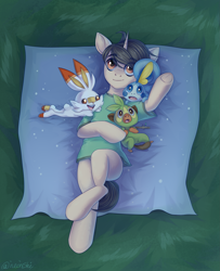 Size: 2765x3400 | Tagged: safe, artist:neonishe, derpibooru import, oc, oc only, pony, unicorn, grookey, lying down, lying on the ground, male, pokemon sword and shield, pokémon, scorbunny, sobble, solo