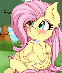 Size: 1721x2012 | Tagged: safe, artist:freefraq, derpibooru import, fluttershy, pegasus, pony, blushing, cheek fluff, chest fluff, cup, cute, drink, ear fluff, female, fluffy, folded wings, grass, holding, hoof fluff, hoof hold, hooves together, leg fluff, looking away, looking up, mare, music notes, outdoors, shoulder fluff, shyabetes, sitting, smiling, solo, three quarter view, tree, wing fluff, wings