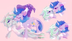 Size: 3471x1974 | Tagged: safe, artist:astralblues19, derpibooru import, oc, oc:astral blues, oc:elemental balance, unicorn, chest fluff, couple, cute, ear fluff, eye, eyes, eyes closed, fluffy, hair, hat, holding hooves, kiss on the cheek, kissing, leg fluff, looking at each other, lying down, mane, shy, tail