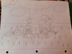 Size: 1024x768 | Tagged: safe, artist:captainlazloparadox, derpibooru import, pinkie pie, earth pony, pony, camp lazlo, chalkzone, cloud, crossover, grass, lazlo, lined paper, sleeping, snap (chalkzone), sun, traditional art, tree, wander (wander over yonder), wander over yonder, wow wow wubbzy, wubbzy