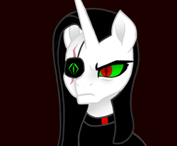 Size: 971x800 | Tagged: safe, artist:crystalcontemplator, derpibooru import, oc, oc only, unicorn, bust, clothes, eye scar, eyepatch, frown, horn, red background, scar, simple background, solo, unicorn oc