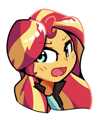 Size: 595x710 | Tagged: safe, artist:kindakismet, derpibooru import, sunset shimmer, equestria girls, bust, female, open mouth, portrait, simple background, solo, white background