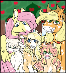 Size: 895x1000 | Tagged: safe, artist:fastserve, derpibooru import, applejack, fluttershy, oc, oc:aurora gala, oc:honey crisp, oc:jonagold, earth pony, pegasus, pony, apple, apple tree, appleshy, colt, family, female, filly, lesbian, magical lesbian spawn, male, offspring, parent:applejack, parent:fluttershy, parents:appleshy, shipping, smiling, tree