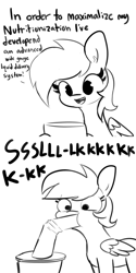Size: 1728x3456 | Tagged: safe, artist:tjpones, derpibooru import, rainbow dash, pegasus, pony, 2 panel comic, black and white, chris chan, comic, dialogue, drink, drinking, drinking straw, female, giant food, grayscale, lineart, mare, monochrome, rainbow dork, shrunken pupils, silly, simple background, slurp, solo, straw of fail, succ, white background
