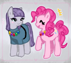 Size: 1164x1023 | Tagged: safe, artist:poniit0, derpibooru import, maud pie, pinkie pie, earth pony, pony, blush sticker, blushing, cute, duo, eyes closed, female, happy, mare, pie sisters, rock candy, rock candy necklace, siblings, sisters, smiling, when she smiles