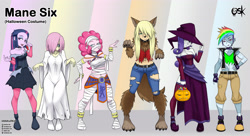 Size: 4168x2272 | Tagged: safe, artist:oldskullkid, derpibooru import, applejack, fluttershy, pinkie pie, rainbow dash, rarity, twilight sparkle, ghost, undead, vampire, werewolf, equestria girls, alternate hairstyle, belly button, boots, breasts, candy, choker, cleavage, clothes, corset, costume, dress, egyptian, female, food, frankenstein's monster, hair over one eye, halloween, halloween costume, hand on hip, hat, holiday, legs, lollipop, midriff, mouth hold, mummy, open mouth, pumpkin, sadako, samara morgan, shoes, short hair, the ring, witch, witch hat