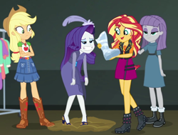 Size: 846x638 | Tagged: safe, artist:thedarkpony, derpibooru import, edit, edited screencap, screencap, applejack, maud pie, rarity, sunset shimmer, better together, equestria girls, rarity investigates: the case of the bedazzled boot, clothes, cropped, mud, mud edit, shoes