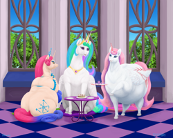 Size: 1500x1200 | Tagged: safe, artist:soobel, derpibooru import, princess amore, princess celestia, oc, oc:hiashi, alicorn, pony, cake, chubbylestia, fat, food, morbidly obese, obese, tea