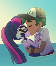 Size: 1800x2095 | Tagged: safe, artist:cxpcakes, derpibooru import, sci-twi, timber spruce, twilight sparkle, equestria girls, adorkable, beach, cap, couple, cute, digital art, dork, duo, female, flower, flower in hair, hat, kissing, lifeguard, lifeguard timber, male, shipping, sleeveless, straight, timberbetes, timbertwi, twiabetes, water, watermark