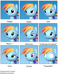 Size: 954x1200 | Tagged: safe, artist:jesterkatz, derpibooru import, rainbow dash, pegasus, pony, fanfic:cupcakes, 3d, angry, blender, cheeky, confused, determined look, happy, sad, solo, teary eyes, terror