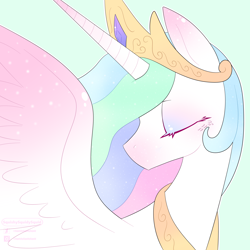 Size: 3000x3000 | Tagged: safe, artist:squishysquidysquid, derpibooru import, princess celestia, alicorn, pony, blue background, bust, eyes closed, female, high res, majestic, mare, portrait, profile, simple background, solo, spread wings, wings